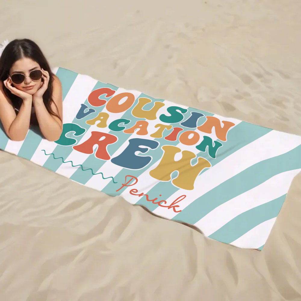 Personalized Cousin Beach Towel, Kids Custom Name Pool Towel, Cousin Vacation Crew Gift, Cousin Family Reunion Gift - auphotoblanket