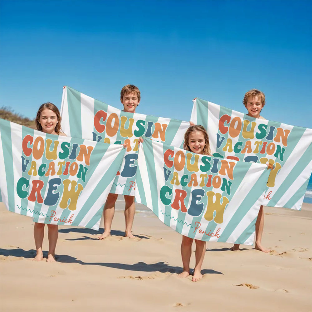 Personalized Cousin Beach Towel, Kids Custom Name Pool Towel, Cousin Vacation Crew Gift, Cousin Family Reunion Gift - auphotoblanket