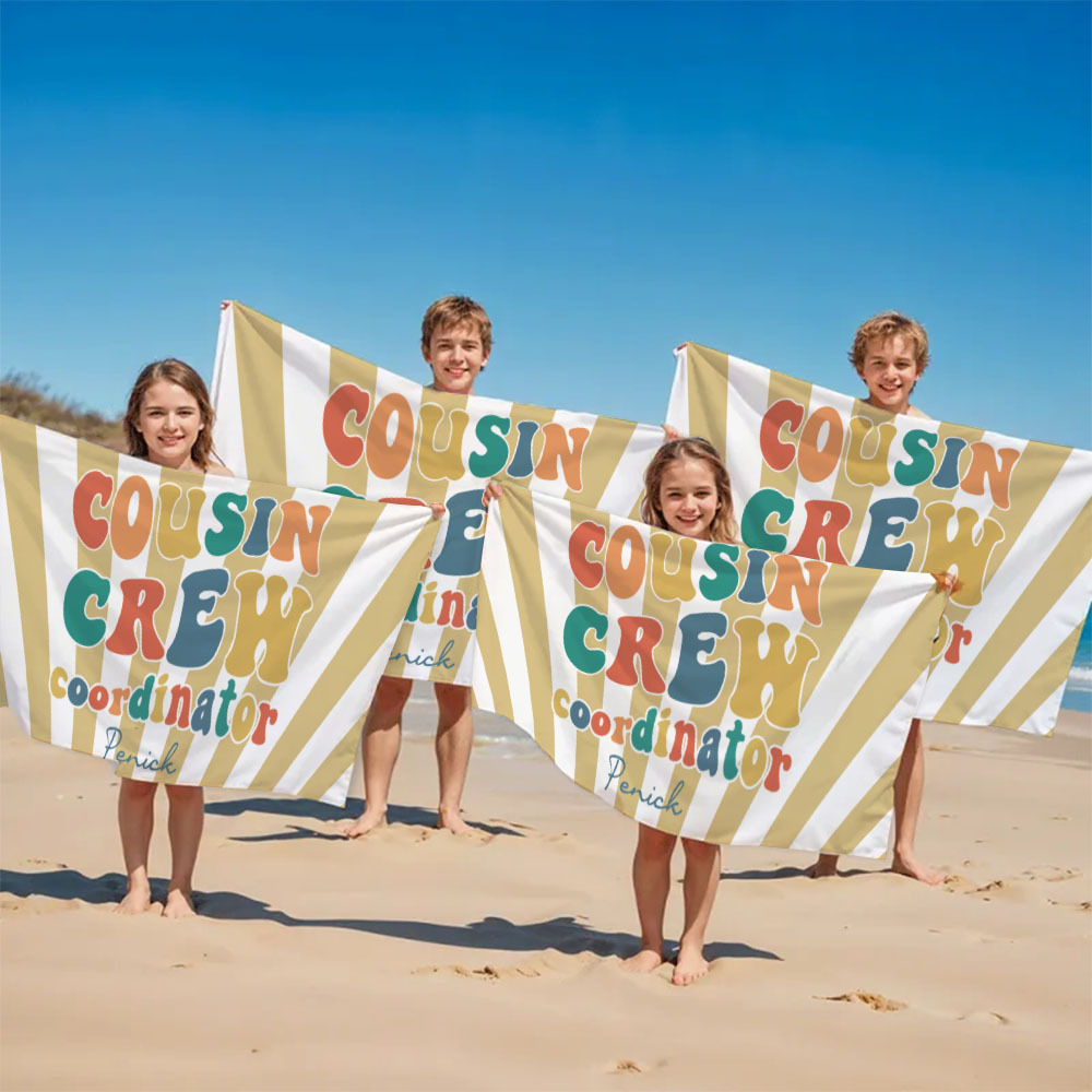 Personalized Cousin Beach Towel, Kids Custom Name Pool Towel, Cousin Vacation Crew Gift, Cousin Family Reunion Gift - auphotoblanket