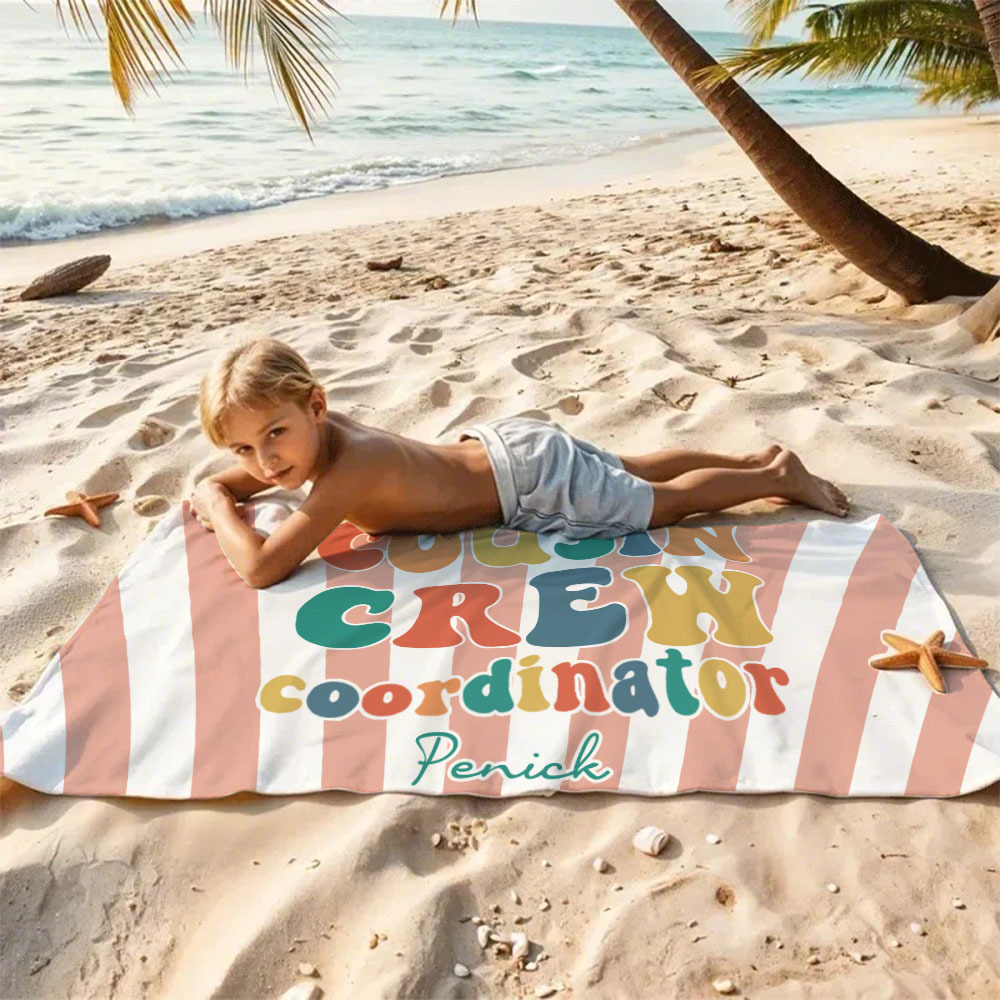 Personalized Cousin Beach Towel, Kids Custom Name Pool Towel, Cousin Vacation Crew Gift, Cousin Family Reunion Gift - auphotoblanket