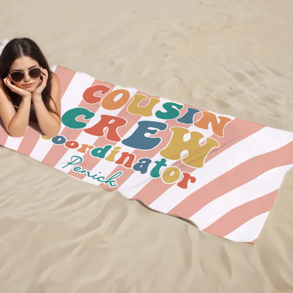 Personalized Cousin Beach Towel, Kids Custom Name Pool Towel, Cousin Vacation Crew Gift, Cousin Family Reunion Gift - auphotoblanket