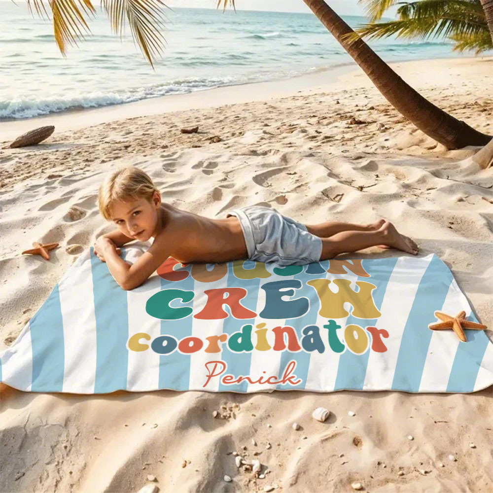 Personalized Cousin Beach Towel, Kids Custom Name Pool Towel, Cousin Vacation Crew Gift, Cousin Family Reunion Gift - auphotoblanket