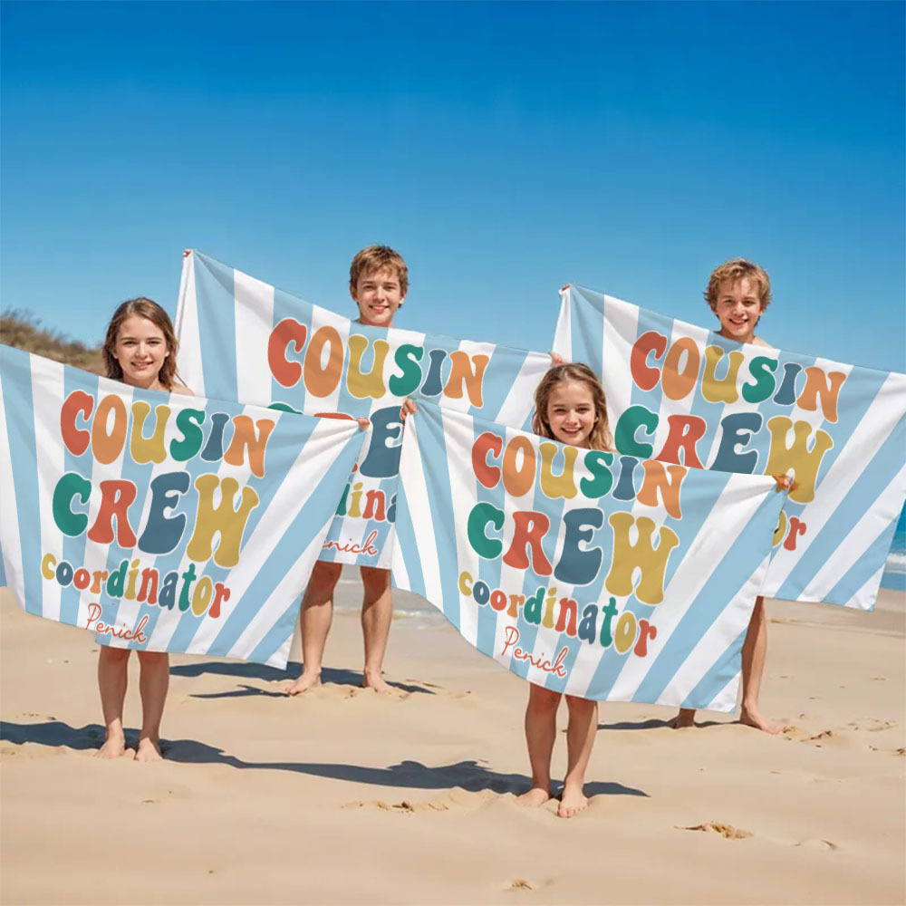 Personalized Cousin Beach Towel, Kids Custom Name Pool Towel, Cousin Vacation Crew Gift, Cousin Family Reunion Gift - auphotoblanket