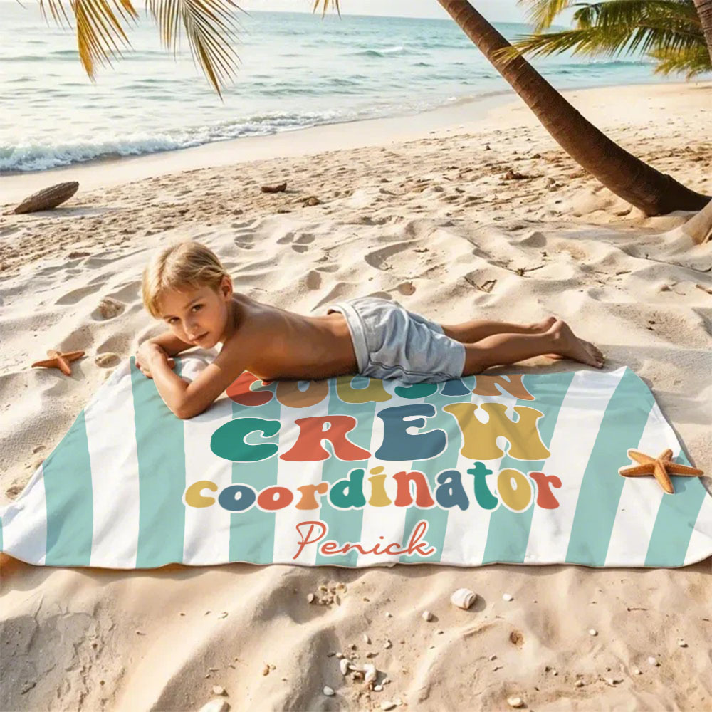 Personalized Cousin Beach Towel, Kids Custom Name Pool Towel, Cousin Vacation Crew Gift, Cousin Family Reunion Gift - auphotoblanket