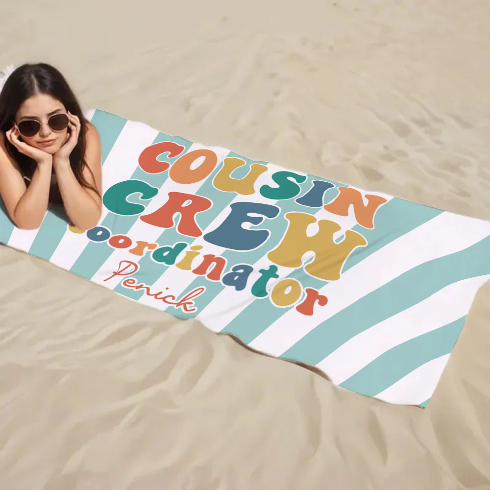 Personalized Cousin Beach Towel, Kids Custom Name Pool Towel, Cousin Vacation Crew Gift, Cousin Family Reunion Gift - auphotoblanket