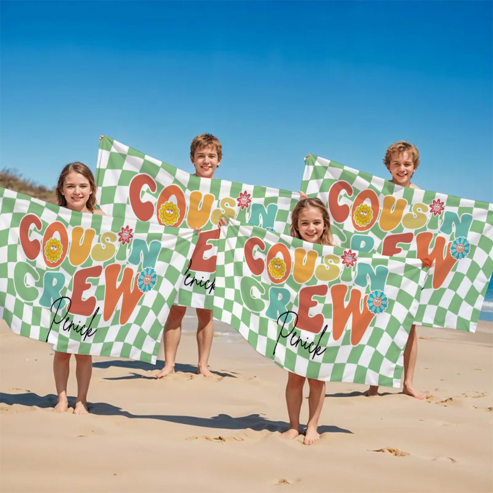 Personalised Cousin Crew Plaid Design Oversized Quick Dry Beach Towel with Name Birthday Summer Vacation Accessory Gift for Kids - auphotoblanket