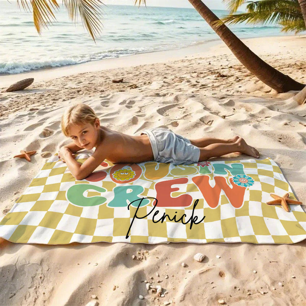 Personalised Cousin Crew Plaid Design Oversized Quick Dry Beach Towel with Name Birthday Summer Vacation Accessory Gift for Kids - auphotoblanket