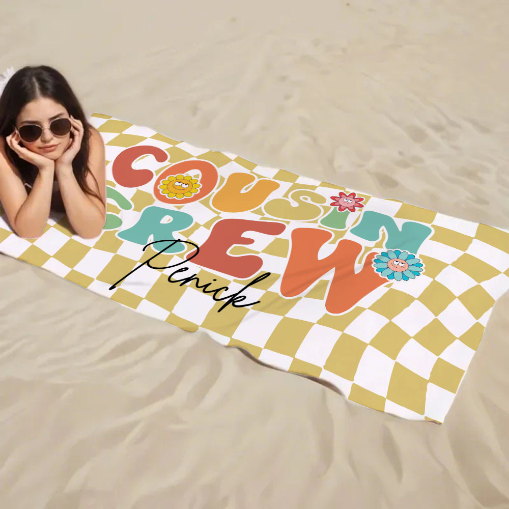 Personalised Cousin Crew Plaid Design Oversized Quick Dry Beach Towel with Name Birthday Summer Vacation Accessory Gift for Kids - auphotoblanket