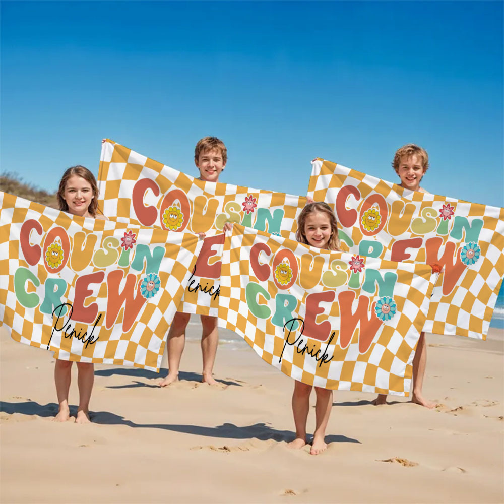 Personalised Cousin Crew Plaid Design Oversized Quick Dry Beach Towel with Name Birthday Summer Vacation Accessory Gift for Kids - auphotoblanket
