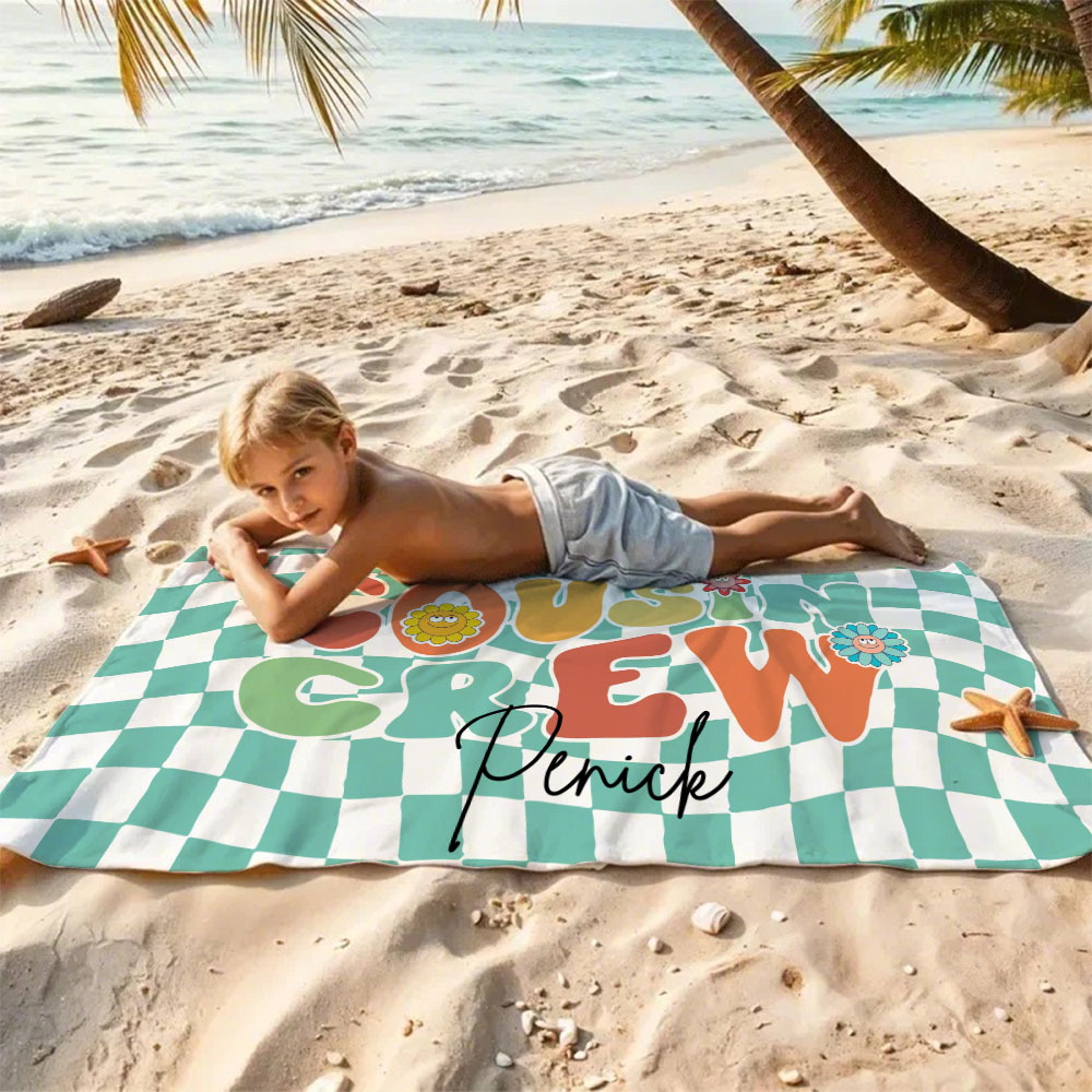 Personalised Cousin Crew Plaid Design Oversized Quick Dry Beach Towel with Name Birthday Summer Vacation Accessory Gift for Kids - auphotoblanket