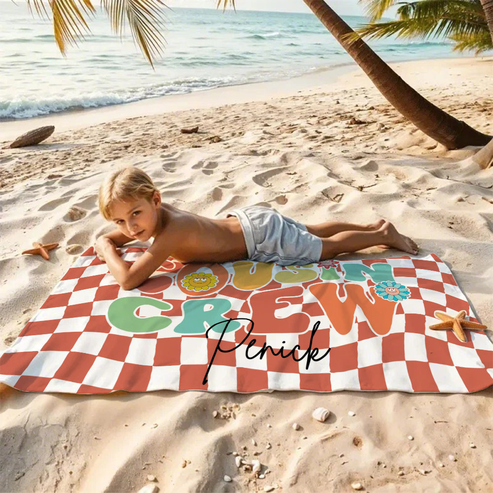 Personalised Cousin Crew Plaid Design Oversized Quick Dry Beach Towel with Name Birthday Summer Vacation Accessory Gift for Kids - auphotoblanket