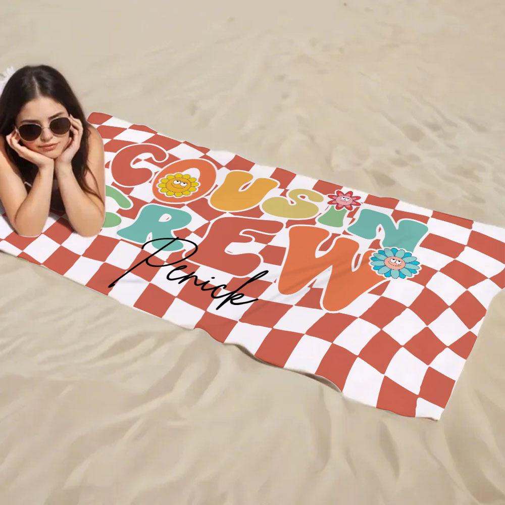 Personalised Cousin Crew Plaid Design Oversized Quick Dry Beach Towel with Name Birthday Summer Vacation Accessory Gift for Kids - auphotoblanket