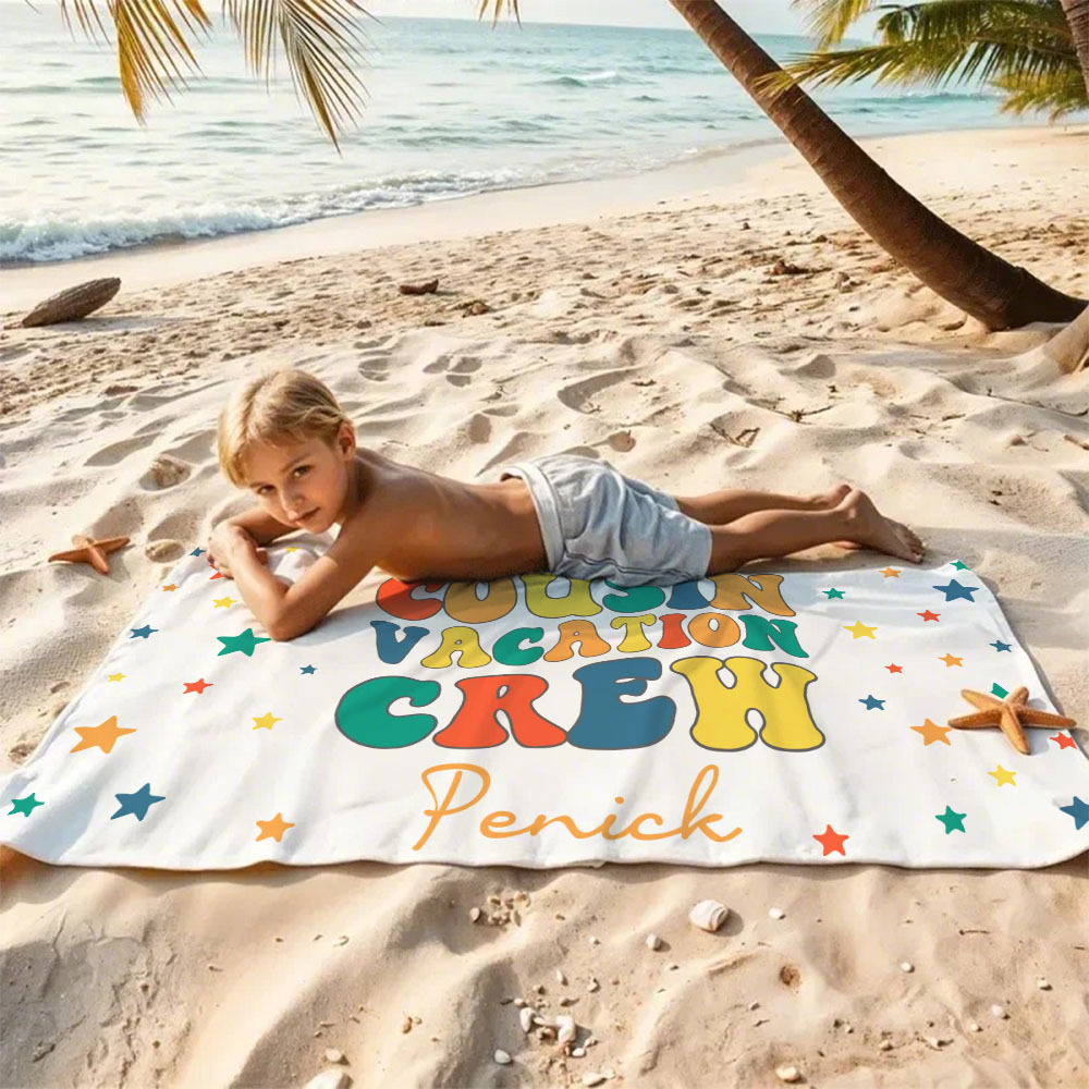 Personalized Cousin Beach Towel, Kids Custom Name Beach Towel, Cousin Vacation Crew Beach Towel Gift, Cousin Family Reunion Gift - auphotoblanket