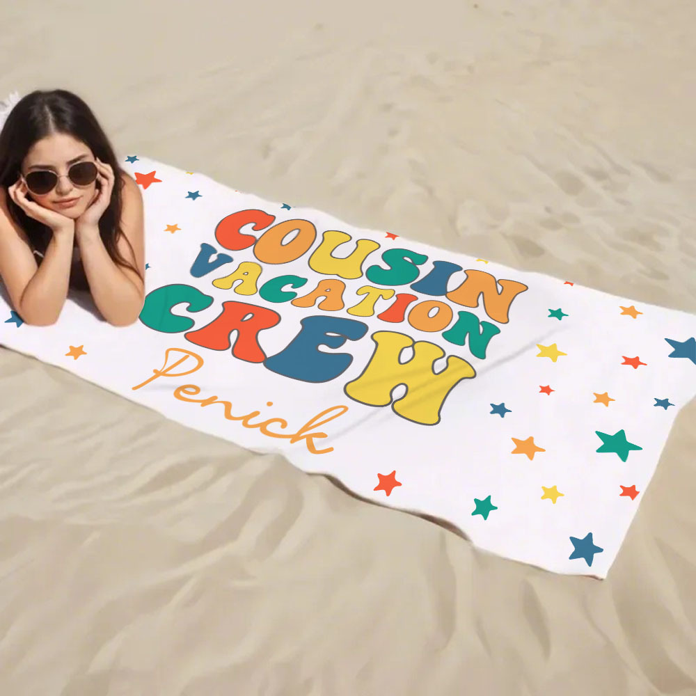 Personalized Cousin Beach Towel, Kids Custom Name Beach Towel, Cousin Vacation Crew Beach Towel Gift, Cousin Family Reunion Gift - auphotoblanket