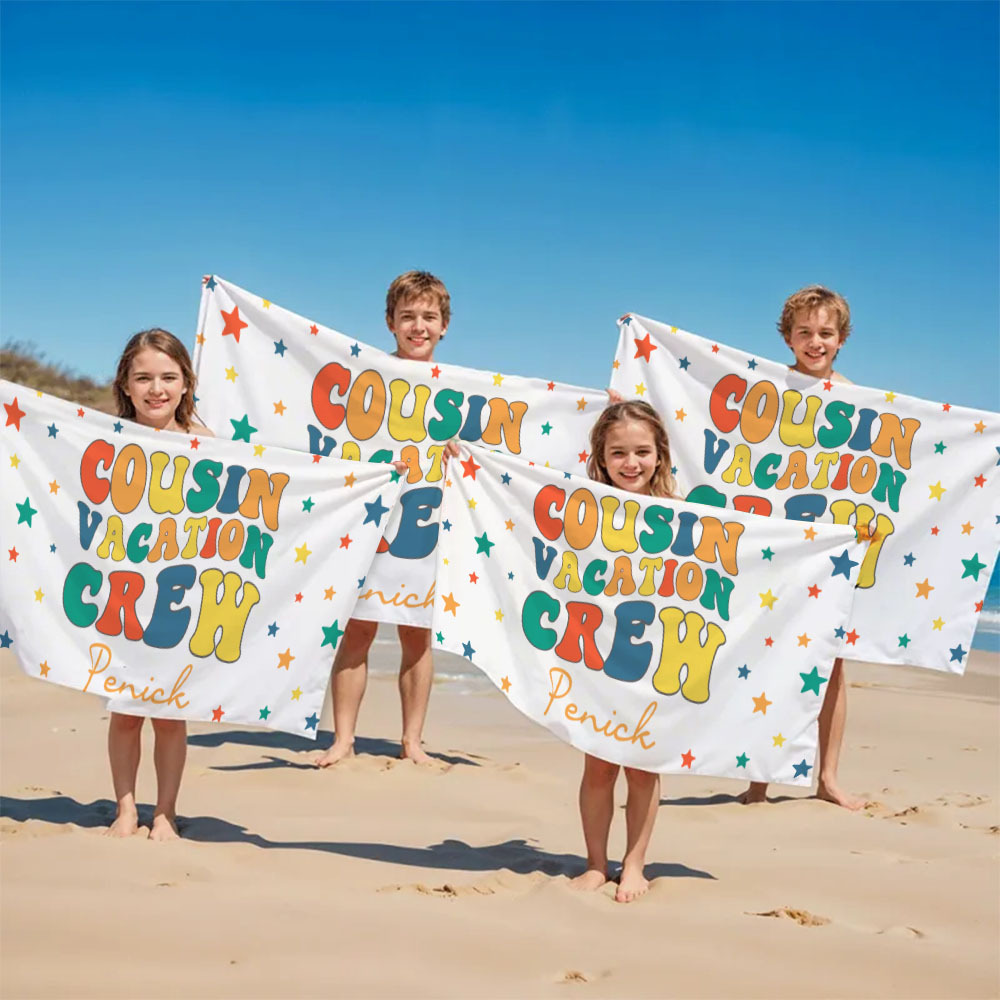 Personalized Cousin Beach Towel, Kids Custom Name Beach Towel, Cousin Vacation Crew Beach Towel Gift, Cousin Family Reunion Gift - auphotoblanket