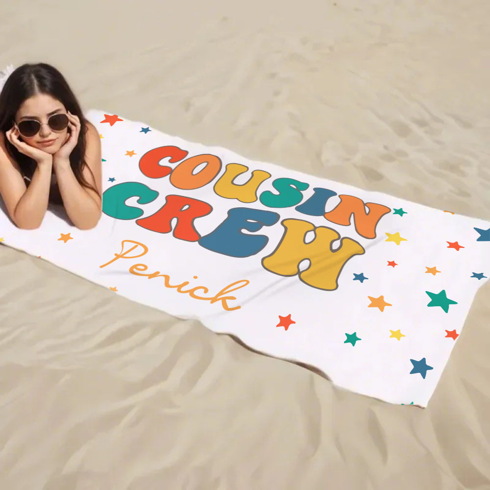 Personalized Cousin Beach Towel, Kids Custom Name Beach Towel, Cousin Vacation Crew Beach Towel Gift, Cousin Family Reunion Gift - auphotoblanket