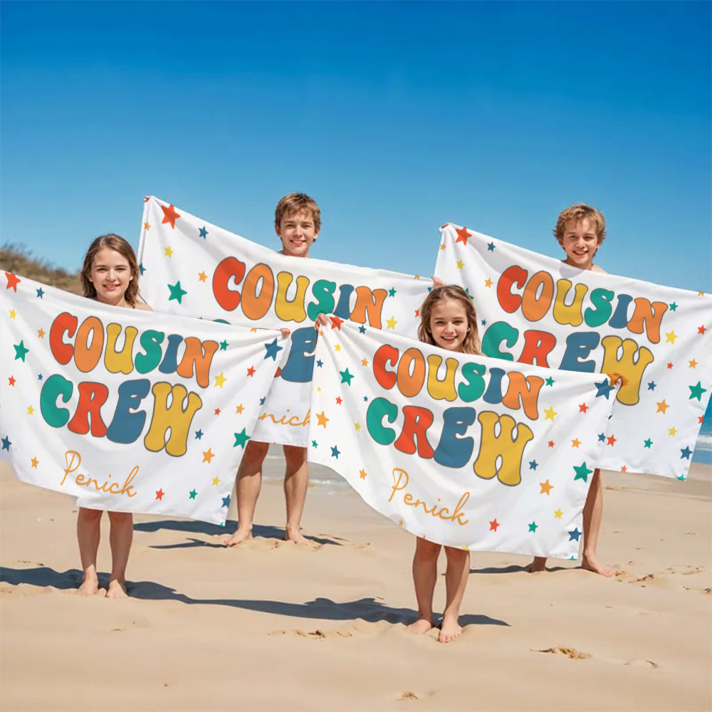 Personalized Cousin Beach Towel, Kids Custom Name Beach Towel, Cousin Vacation Crew Beach Towel Gift, Cousin Family Reunion Gift - auphotoblanket