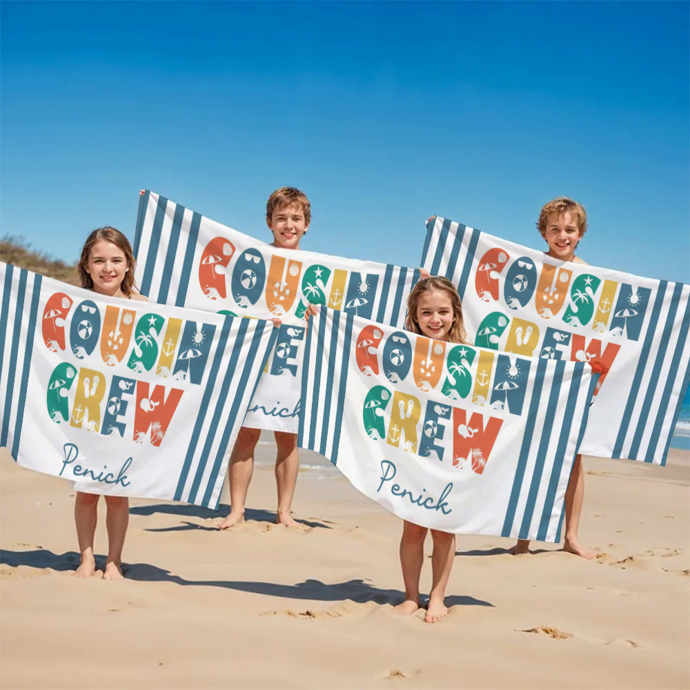 Personalized Cousin Crew Beach Towel, Custom Name Pool Bath Towel, Cousin Vacation Trip Gift - auphotoblanket