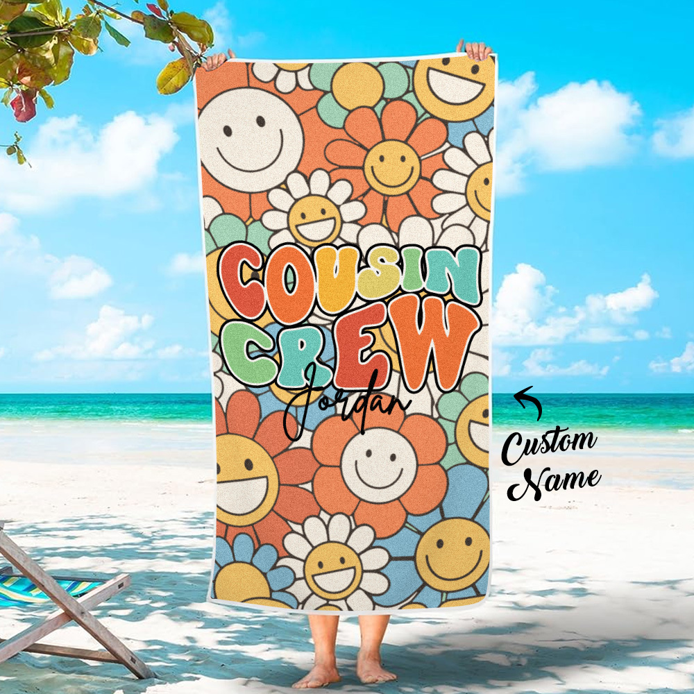 Custom Beach Towel with Name Personalised Cousin Crew Beach Towel Perfect Family Party Gift - auphotoblanket