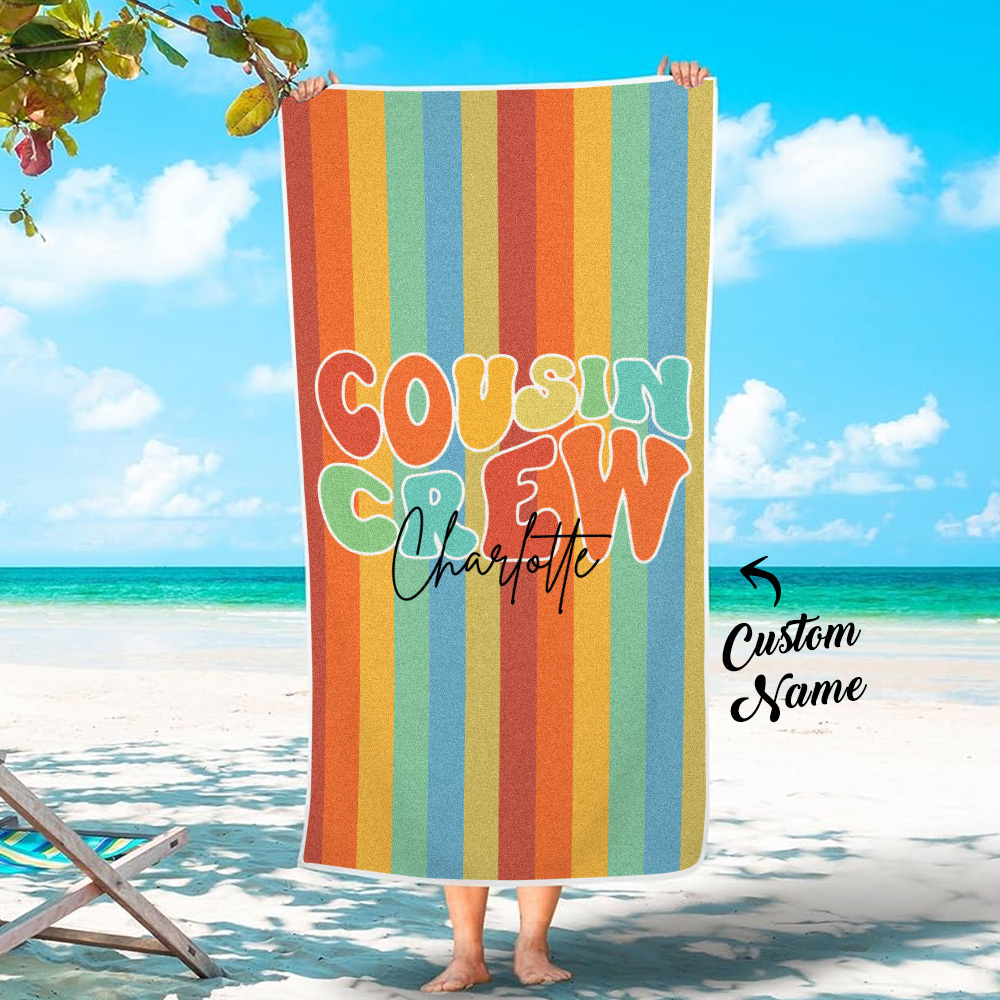 Custom Beach Towel with Name Personalised Cousin Crew Beach Towel Perfect Family Party Gift - auphotoblanket