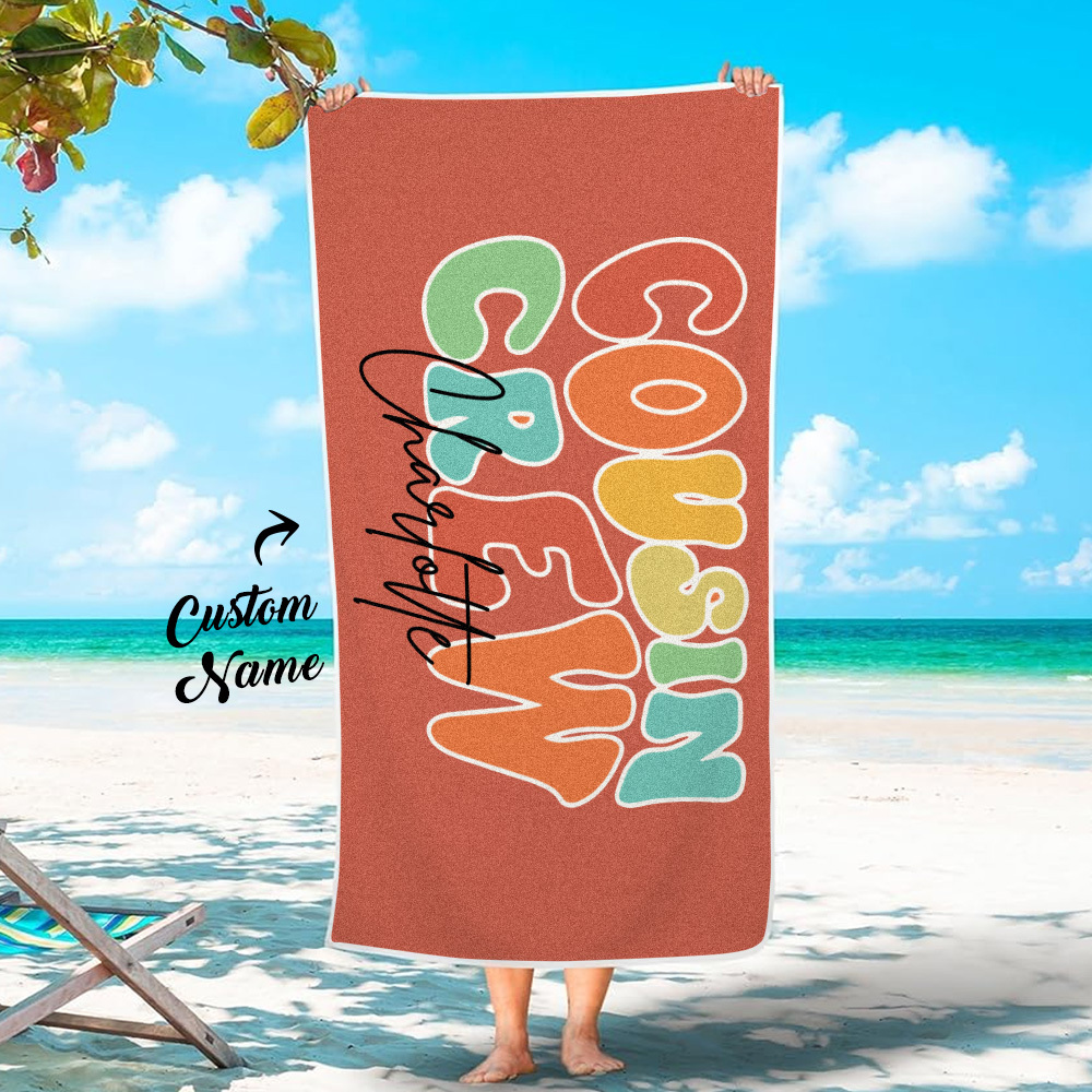 Personalised Multicolor Cousin Crew Beach Towel with Name Summer Holiday Gift for Cousin - auphotoblanket