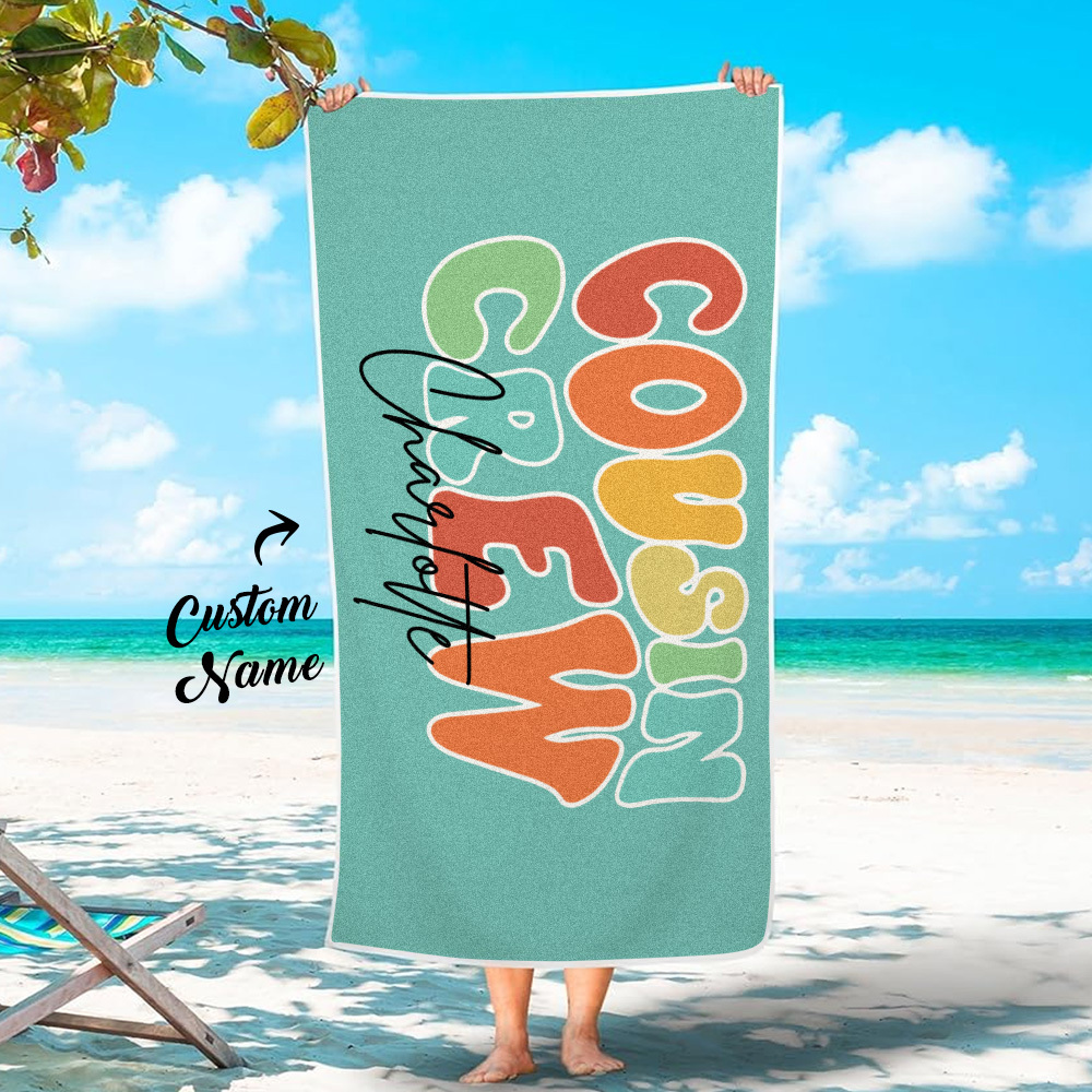 Personalised Multicolor Cousin Crew Beach Towel with Name Summer Holiday Gift for Cousin - auphotoblanket