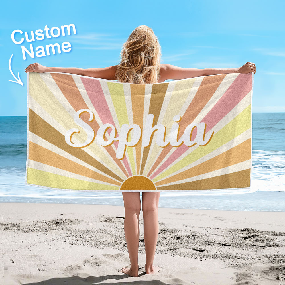 Custom Beach Towel with Name Vintage Style Stripe Pattern Summer Vacation Party Girl Trip Towel Gift - auphotoblanket