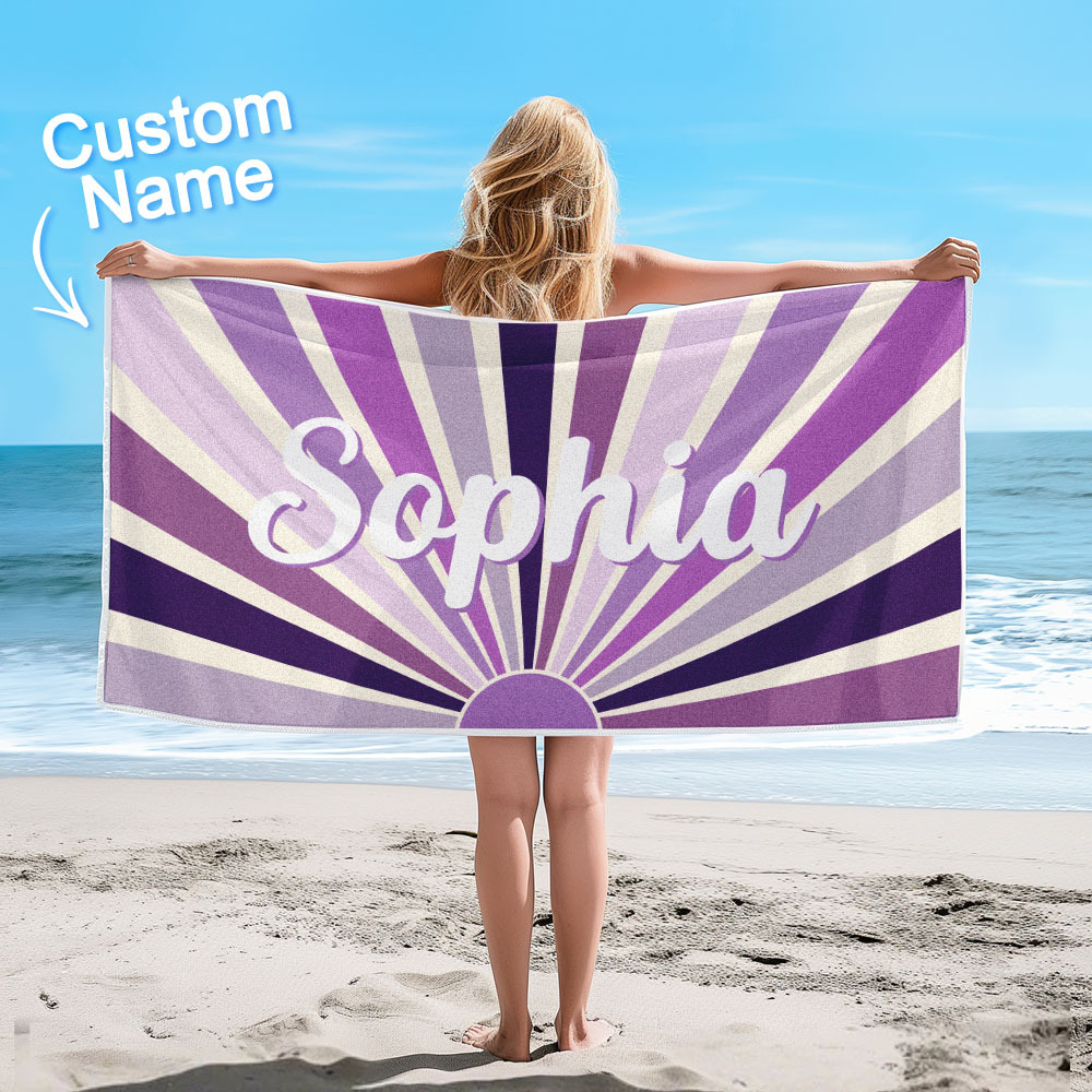 Custom Beach Towel with Name Vintage Style Stripe Pattern Summer Vacation Party Girl Trip Towel Gift - auphotoblanket