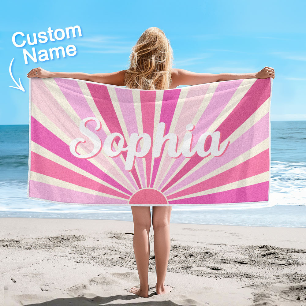 Custom Beach Towel with Name Vintage Style Stripe Pattern Summer Vacation Party Girl Trip Towel Gift - auphotoblanket