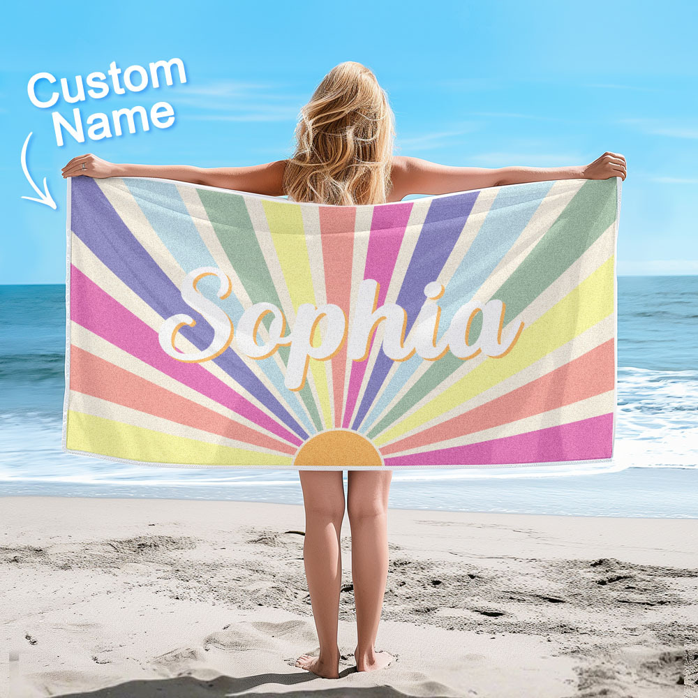 Custom Beach Towel with Name Vintage Style Stripe Pattern Summer Vacation Party Girl Trip Towel Gift - auphotoblanket