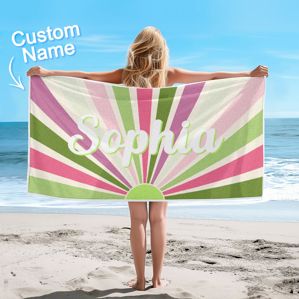 Custom Beach Towel with Name Vintage Style Stripe Pattern Summer Vacation Party Girl Trip Towel Gift - auphotoblanket