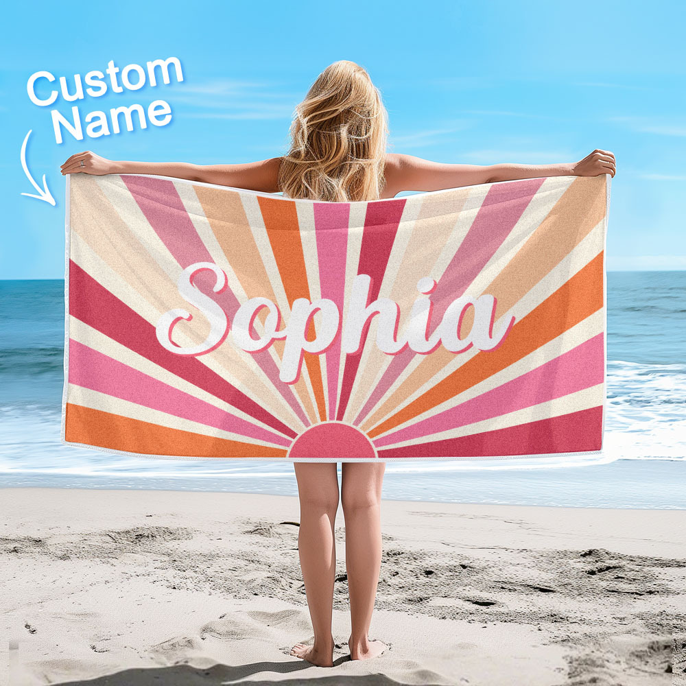Custom Beach Towel with Name Vintage Style Stripe Pattern Summer Vacation Party Girl Trip Towel Gift - auphotoblanket
