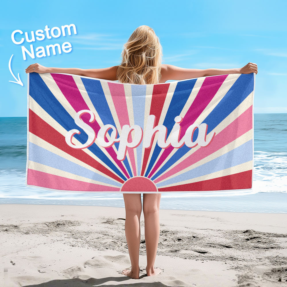 Custom Beach Towel with Name Vintage Style Stripe Pattern Summer Vacation Party Girl Trip Towel Gift - auphotoblanket