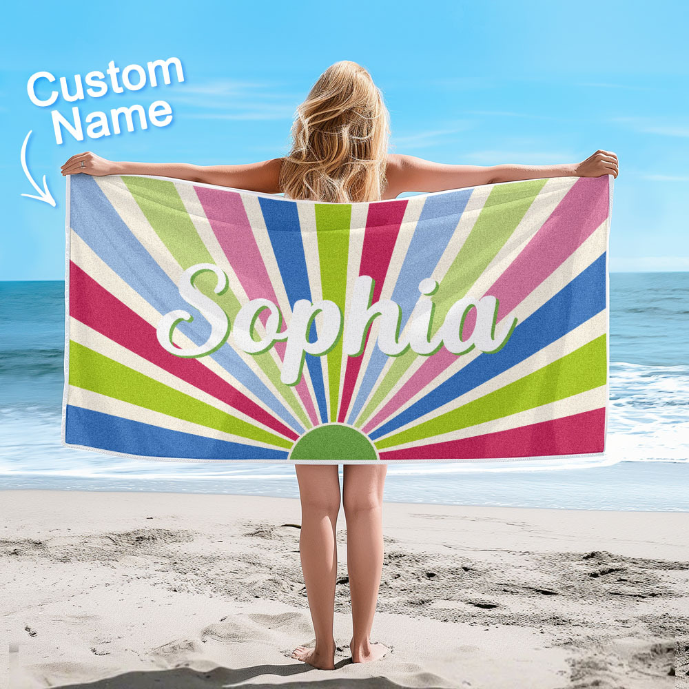 Custom Beach Towel with Name Vintage Style Stripe Pattern Summer Vacation Party Girl Trip Towel Gift - auphotoblanket
