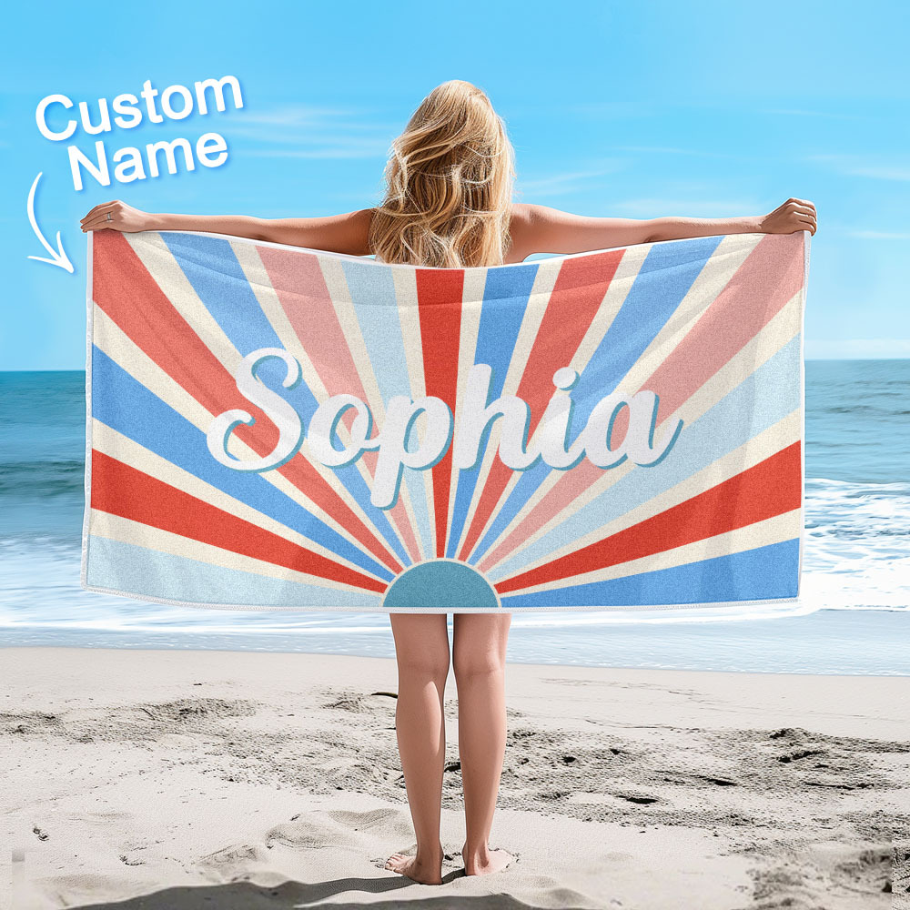 Custom Beach Towel with Name Vintage Style Stripe Pattern Summer Vacation Party Girl Trip Towel Gift - auphotoblanket