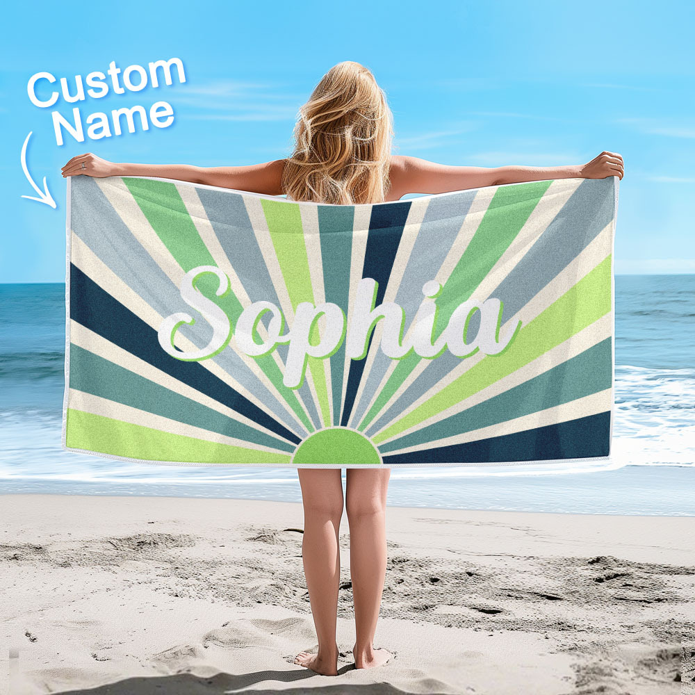 Custom Beach Towel with Name Vintage Style Stripe Pattern Summer Vacation Party Girl Trip Towel Gift - auphotoblanket