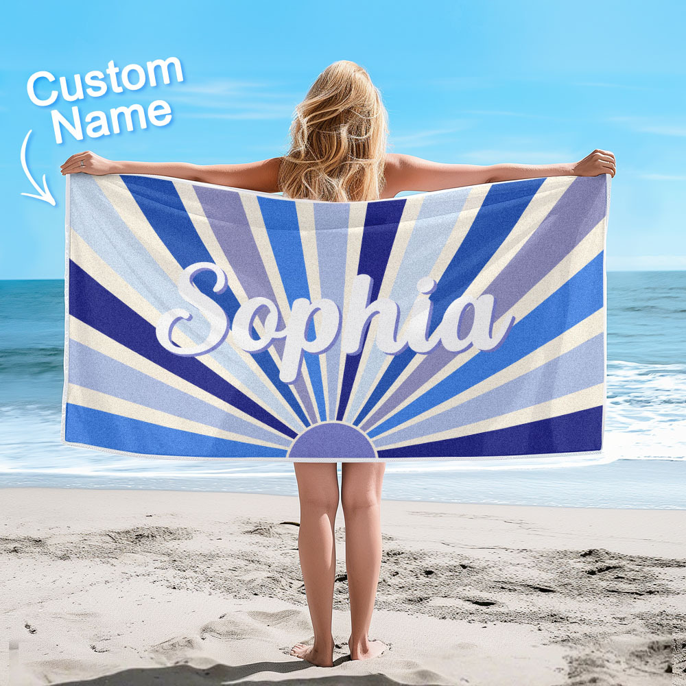 Custom Beach Towel with Name Vintage Style Stripe Pattern Summer Vacation Party Girl Trip Towel Gift - auphotoblanket
