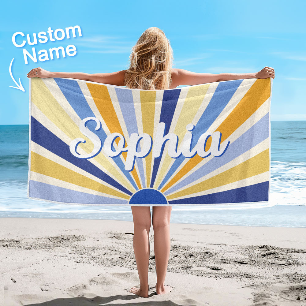 Custom Beach Towel with Name Vintage Style Stripe Pattern Summer Vacation Party Girl Trip Towel Gift - auphotoblanket