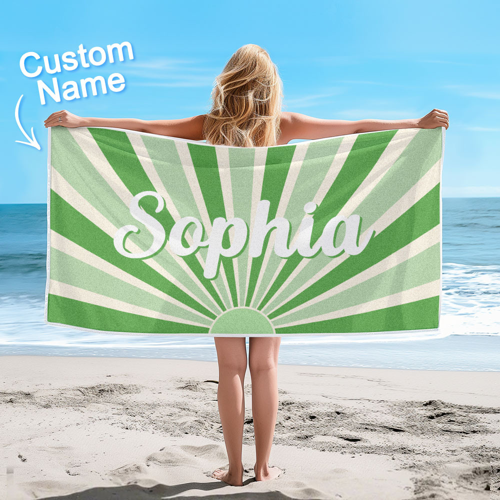Custom Beach Towel with Name Vintage Style Stripe Pattern Summer Vacation Party Girl Trip Towel Gift - auphotoblanket