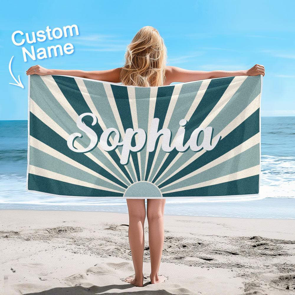 Custom Beach Towel with Name Vintage Style Stripe Pattern Summer Vacation Party Girl Trip Towel Gift - auphotoblanket