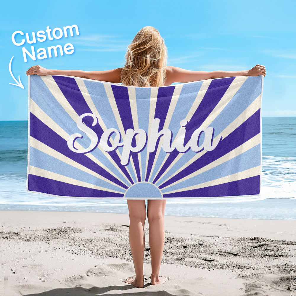 Custom Beach Towel with Name Vintage Style Stripe Pattern Summer Vacation Party Girl Trip Towel Gift - auphotoblanket