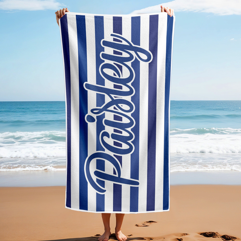 Custom Beach Towel Retro Stripe Style Personalized Name Bath Towel Pool Towel - auphotoblanket