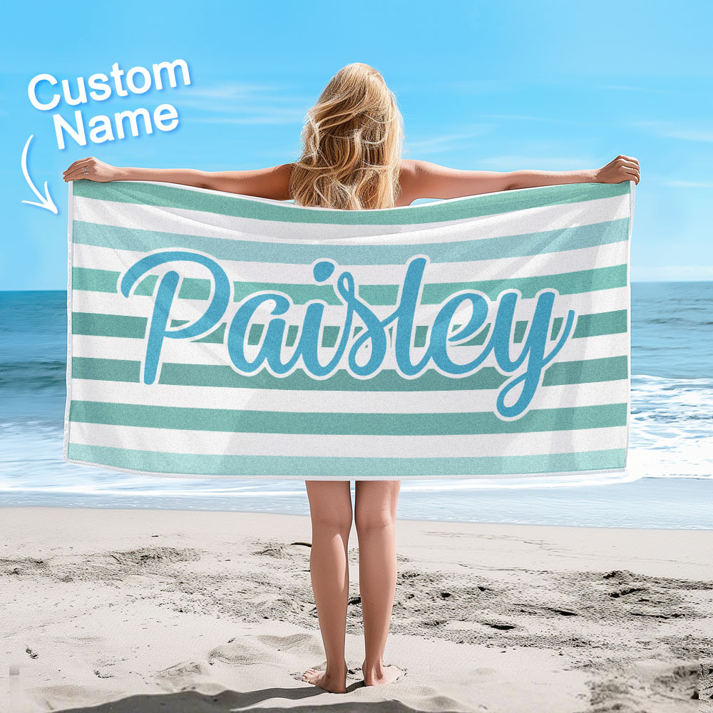 Custom Beach Towel Retro Stripe Style Personalized Name Bath Towel Pool Towel - auphotoblanket