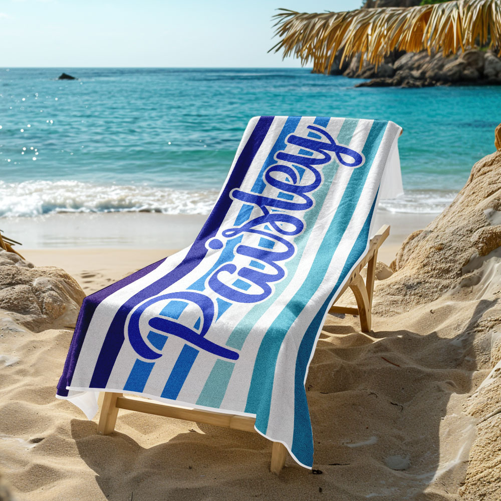 Custom Beach Towel Retro Stripe Style Personalized Name Bath Towel Pool Towel - auphotoblanket