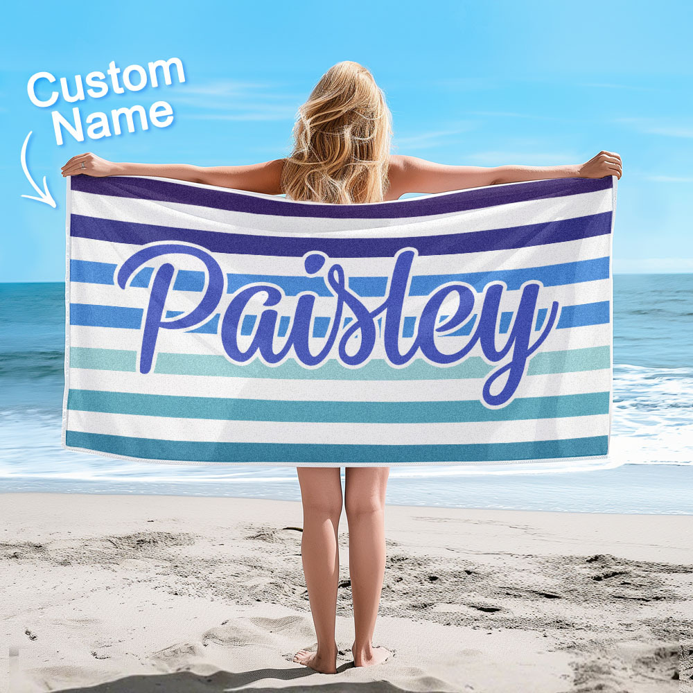 Custom Beach Towel Retro Stripe Style Personalized Name Bath Towel Pool Towel - auphotoblanket