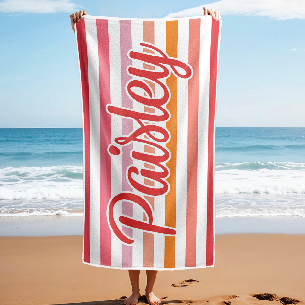 Custom Beach Towel Retro Stripe Style Personalized Name Bath Towel Pool Towel - auphotoblanket