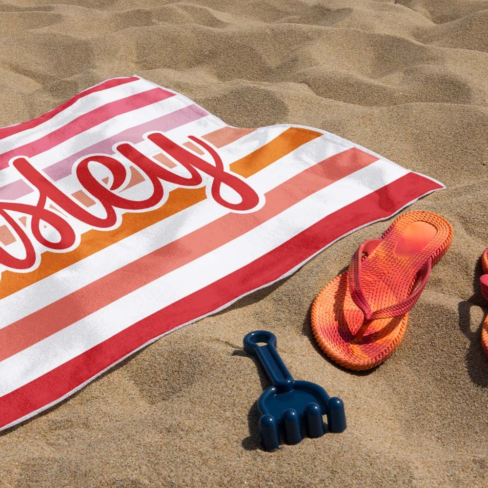 Custom Beach Towel Retro Stripe Style Personalized Name Bath Towel Pool Towel - auphotoblanket