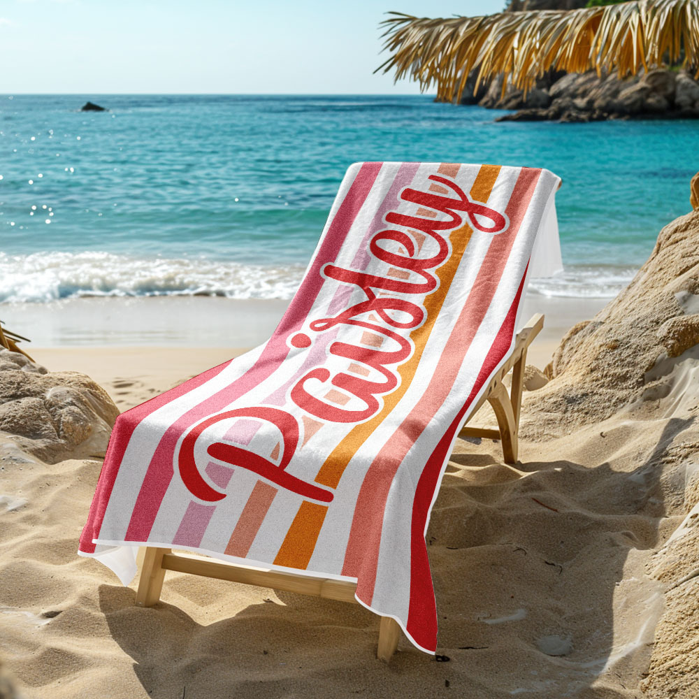 Custom Beach Towel Retro Stripe Style Personalized Name Bath Towel Pool Towel - auphotoblanket