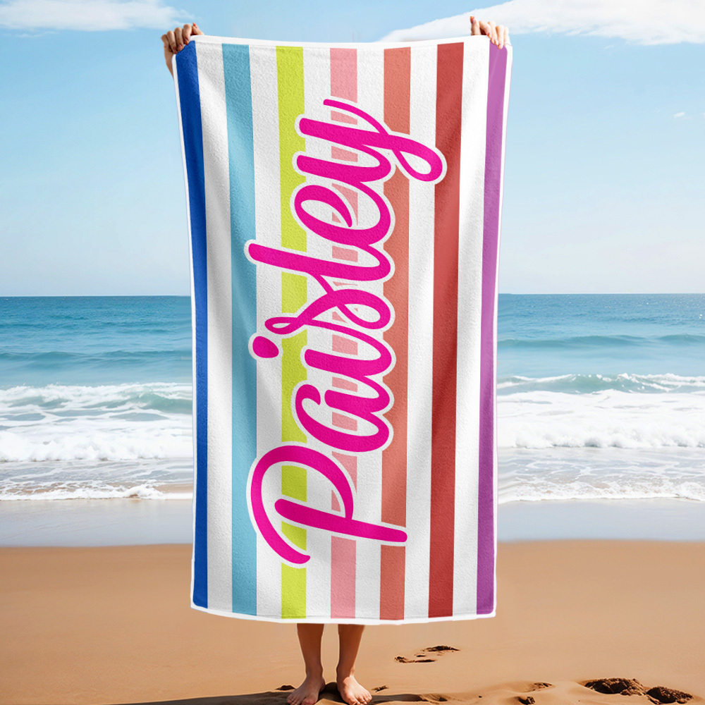 Custom Beach Towel Retro Stripe Style Personalized Name Bath Towel Pool Towel - auphotoblanket