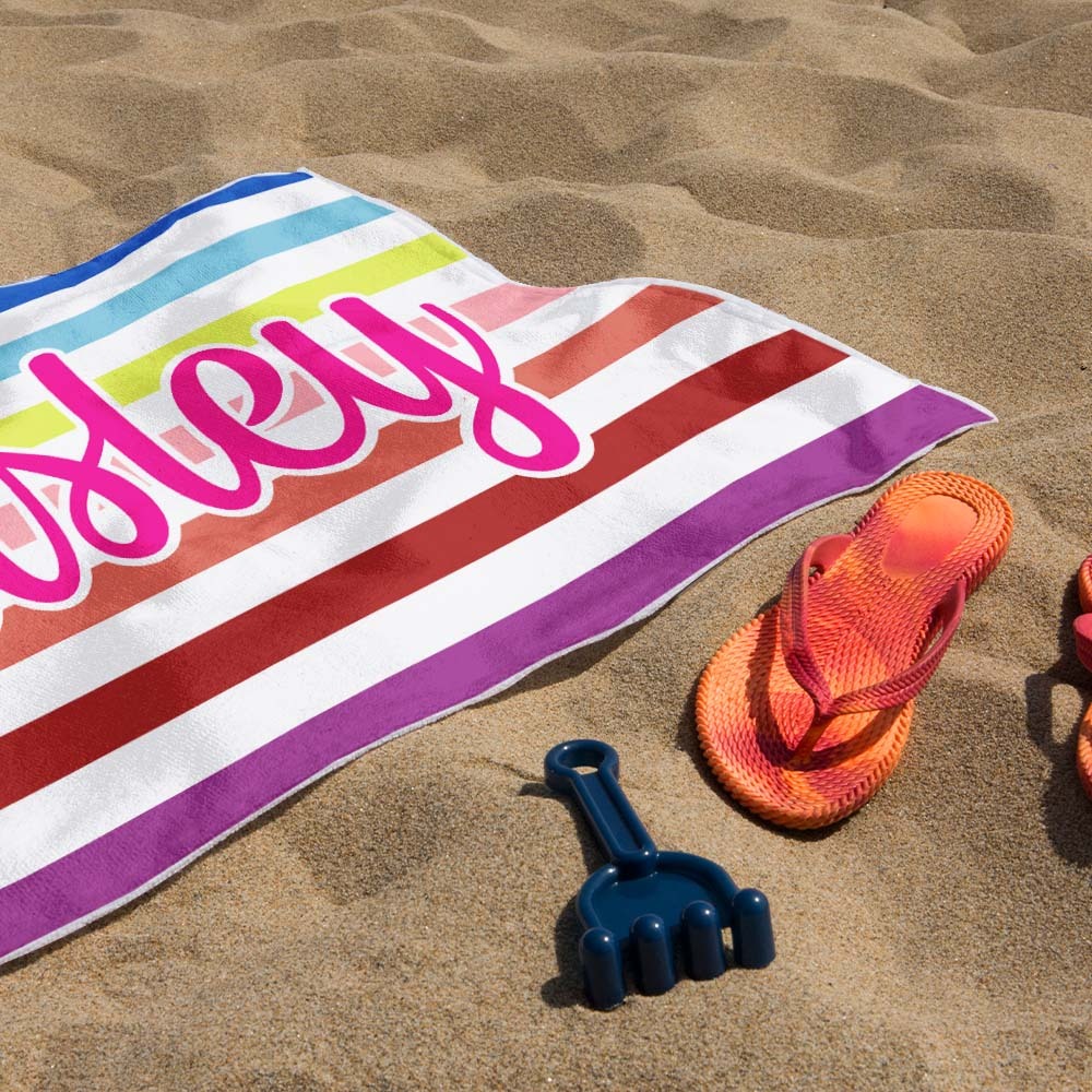 Custom Beach Towel Retro Stripe Style Personalized Name Bath Towel Pool Towel - auphotoblanket
